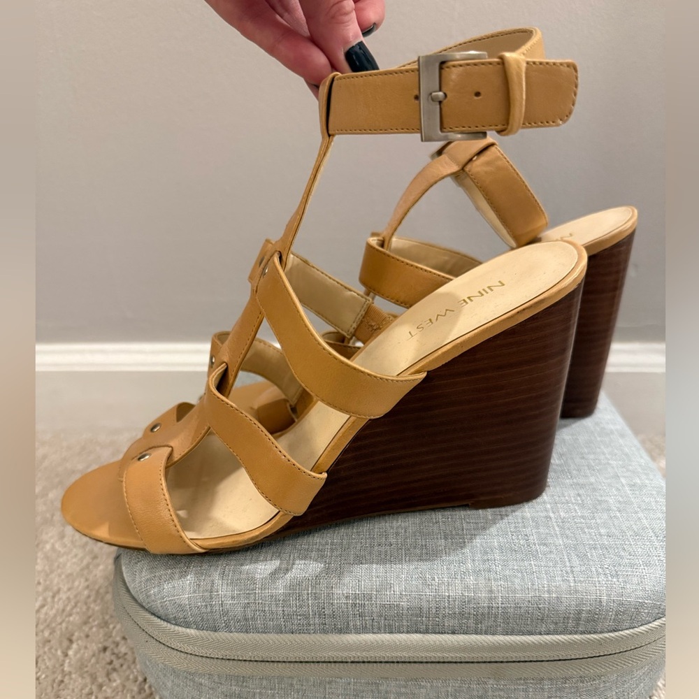 Nine West Camel Brown Wedge Sandals